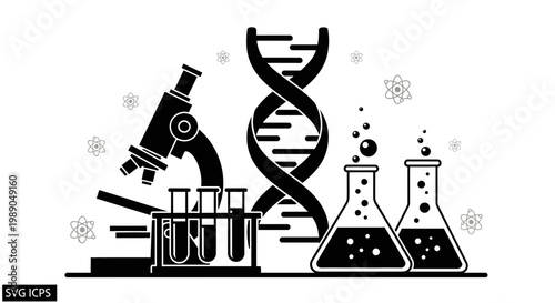 Science Laboratory Equipment: DNA, Microscope, Test Tubes, Flasks, Atoms