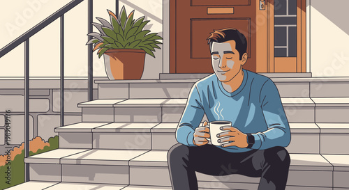 Man sitting on stairs with coffee.