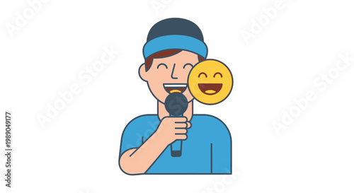 Man wearing blue holding microphone.