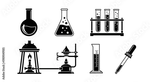 Science Laboratory Equipment Icons: Flasks, Beakers, Pipette, Burner, Test Tubes
