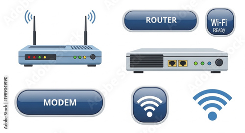 Photos Wireless Router and Modem Devices with Wi-Fi Symbols.