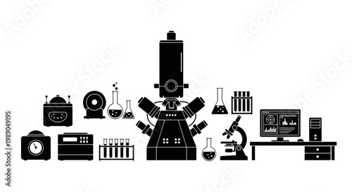 Science Laboratory Equipment Icons - Microscope, Computer, Test Tubes, Flasks