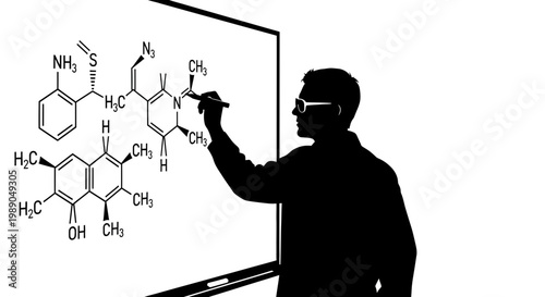 Scientist drawing chemical formula on whiteboard, silhouette, education, research