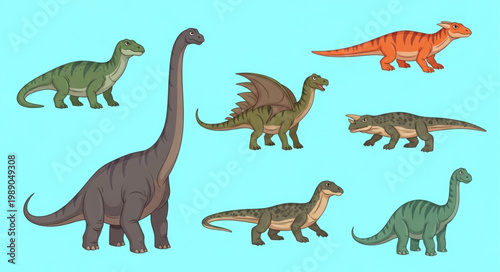 Collection of diverse cartoon dinosaurs on a blue background.