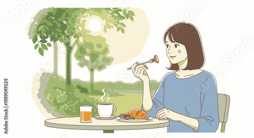 Woman eating toast at outdoor table.