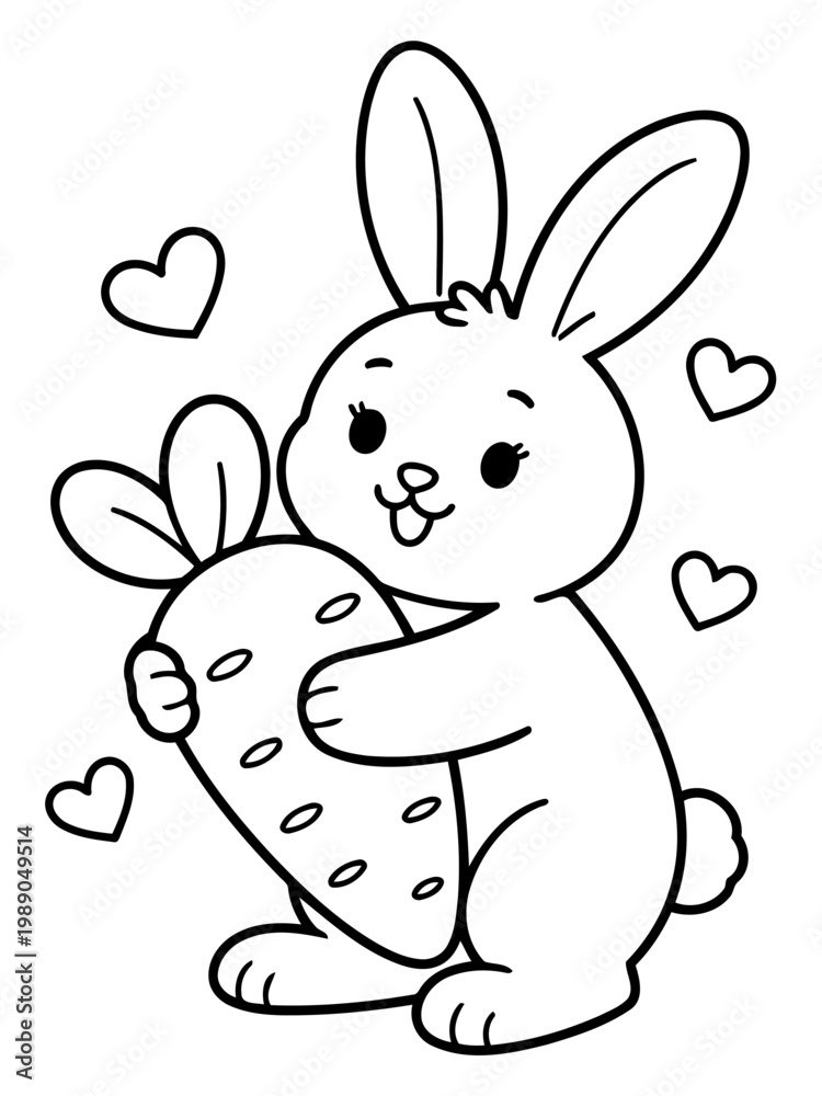 Obraz premium Playful Bunny and Carrot: A charming illustration of a bunny embracing a carrot, surrounded by floating hearts, exuding joy and simplicity. 