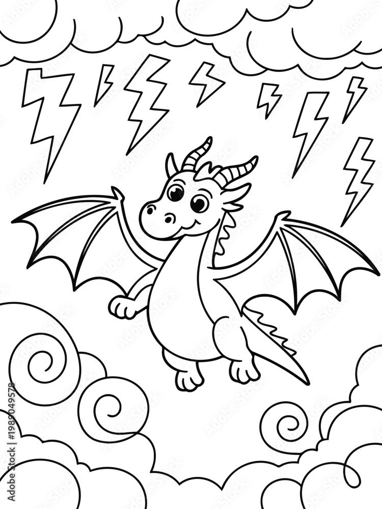 Fototapeta premium Dragon in the Thunderstorm: A charming dragon soars fearlessly amidst a dramatic display of lightning and swirling clouds, an illustration of power and fantasy.
