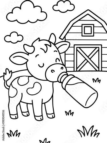 Nurturing Calf: A charming illustration shows a baby calf enjoying a bottle of milk near a barn. A heartwarming scene evoking innocence and farm life.