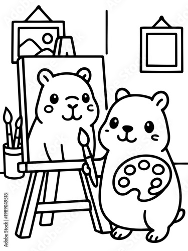 Creative Hamster's Artistic Pursuit: An endearing illustration shows a cute hamster engrossed in painting, capturing a self-portrait with artistic flair.