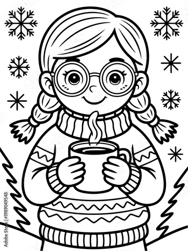 Warm Embrace in Winter: An illustrated image of a girl with glasses, radiating warmth as she holds a steaming mug amidst a flurry of snowflakes. Evoking comfort and joy of the winter season.