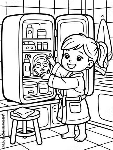 Spa Day Ritual: A young, beaming individual, wrapped in a comfortable robe, opens a bathroom cabinet to retrieve a facial mask, embodying the essence of self-care.