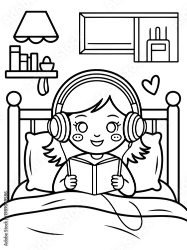 Cozy Bedtime Read: A charming illustration depicts a young person immersed in a captivating book, headphones on, snuggled in bed. The scene invites a sense of comfort and relaxation.