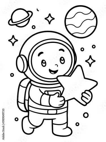 Astronaut Dreamer: A cheerful astronaut, holding a radiant star, navigates the cosmic sea, embarking on a fantastic voyage through galaxies and nebulas, surrounded by planets and twinkling stars.