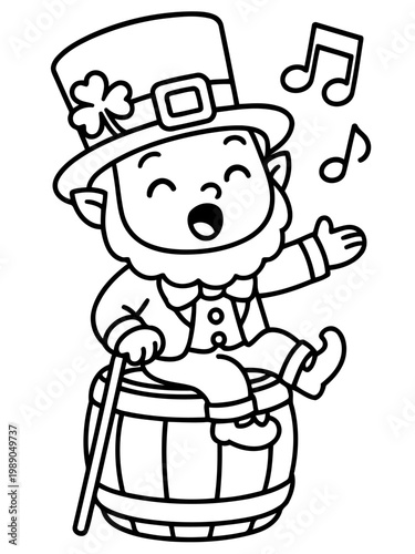 Leprechaun's Serenade: A cheerful leprechaun, adorned in traditional attire, sits atop a wooden barrel and sings a merry tune, the musical notes dancing around him.