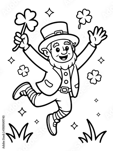 Leprechaun's Delight: A jovial leprechaun, radiating joy, leaps with glee, a lucky clover in hand, surrounded by shimmering stars, embodying the spirit of celebration and Irish tradition.