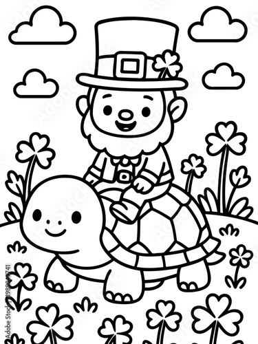 Leprechaun's Journey: A jovial leprechaun, adorned in his traditional attire, embarks on a whimsical journey atop a friendly turtle, with whimsical, inviting illustrations.