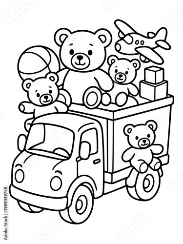 Toy Truck Ride: A playful illustration of a toy truck filled with an assortment of cuddly teddy bears, an airplane, and other whimsical toys, ready for an imaginative adventure.