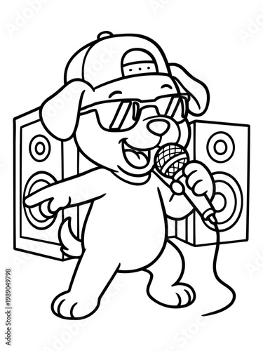 Cool Canine Performer: A stylish canine takes the stage, microphone in paw, radiating coolness with sunglasses and a backward cap, entertaining an invisible audience