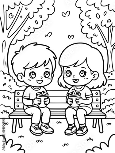 Sweet Moments in Park: Two young people, exuding a sense of innocent charm, sit close together on a park bench under a canopy of trees. They're both clutching snacks and looking up dreamily.
