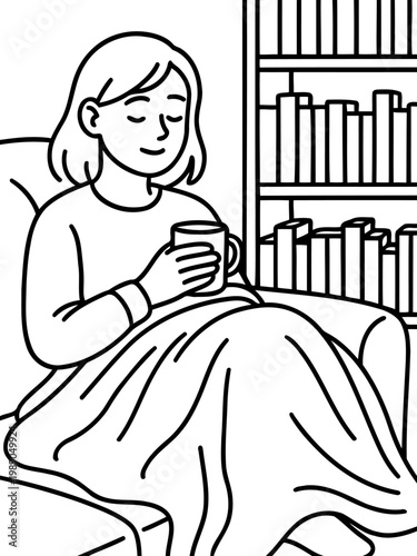 Quiet Moment of Serenity: A woman finds solace in the gentle warmth of a cozy reading nook, with a comforting cup in hand. She is surrounded by the wisdom of countless books.