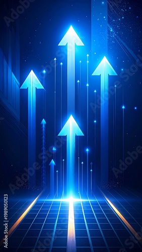 Digitally rendered art of glowing upward arrows amidst a network of luminous lines and a dark blue background