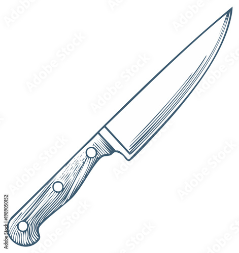 Line art drawing of a chef's knife with a wooden handle and rivets