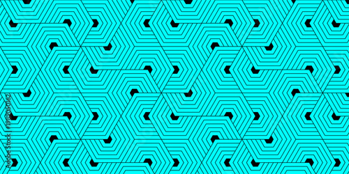 Abstract black background with cyan blue neon hexagonal lines and futuristic geometric patterns. Pattern background. Seamless geometric pattern in style.