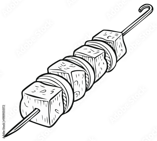 Skewer line art illustration with cubed meat and vegetables, simple drawing of grilled kabob food on stick in black and white