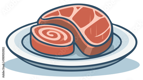T-bone steak and roulade vector illustration on plate cartoon style delicious and healthy food