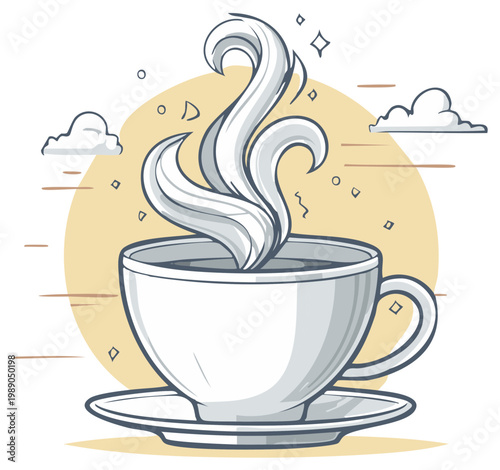 Steaming Coffee Cup in Cartoon Style Illustration with Clouds and Geometric Accents
