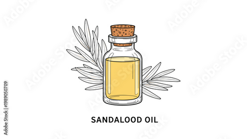 Glass bottle of sandalwood oil with botanical branch on white background for aromatherapy and natural beauty.