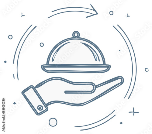 Doodle Style Hand Serving Covered Dish with Arrow Around in Circular Motion Showing Service