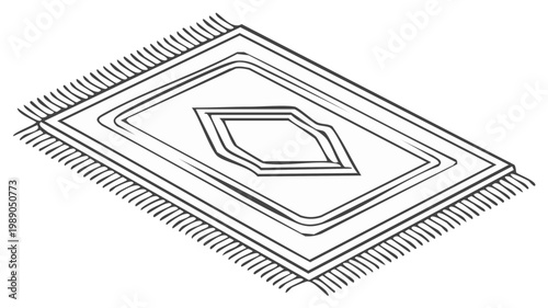 Ornate Persian Carpet with Fringe Geometric Design Isolated Line Art