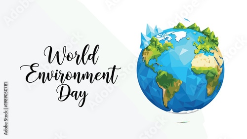 World environment day banner with a low poly earth globe and nature elements to promote ecological awareness.