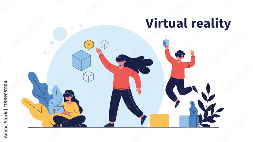 Fototapeta premium Group of diverse people experiencing immersive virtual reality technology using headsets and interacting with floating digital 3D cubes.