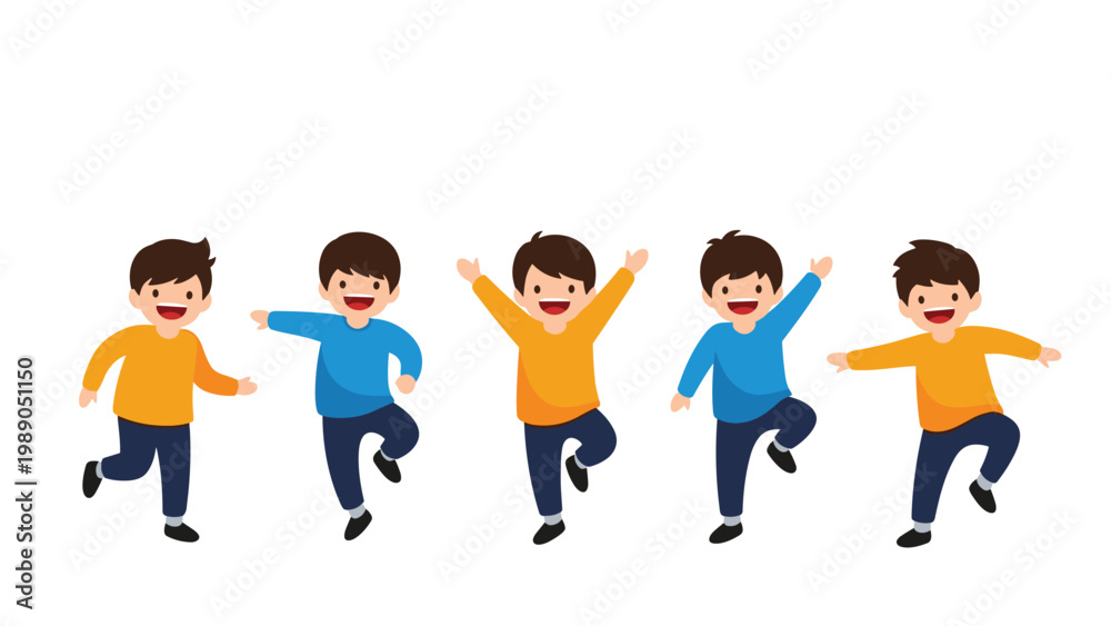 Obraz premium Collection of five playful young boys in various active poses like running and jumping, wearing colorful casual clothes on a white background.