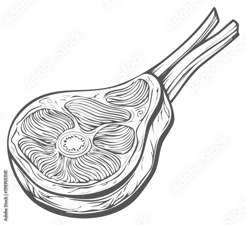 Engraving illustration of a bone-in ribeye steak chop