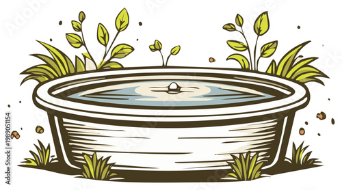 Cartoon drawing of a water basin with plants and grass, vector illustration.