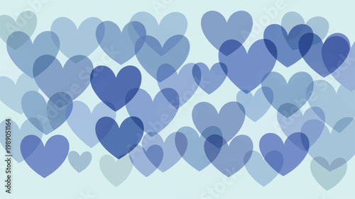 A collection of translucent blue heart shapes scattered across a pale blue background, featuring varying levels of opacity and overlapping layers to create a soft, rhythmic, and airy visual pattern