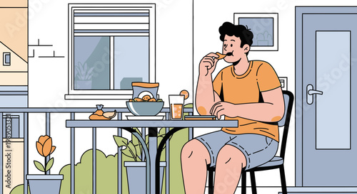 Man eating on outdoor patio table.