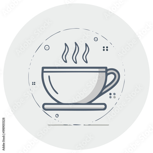 Modern line art icon of a steaming hot coffee cup or teacup in a distressed circular frame