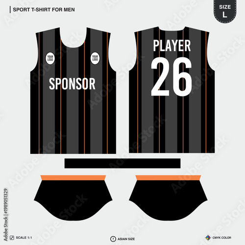 Mens Sports T-Shirt Sublimation Jersey Print Template Black and Orange Vertical Stripe Pattern Front and Back View Size L