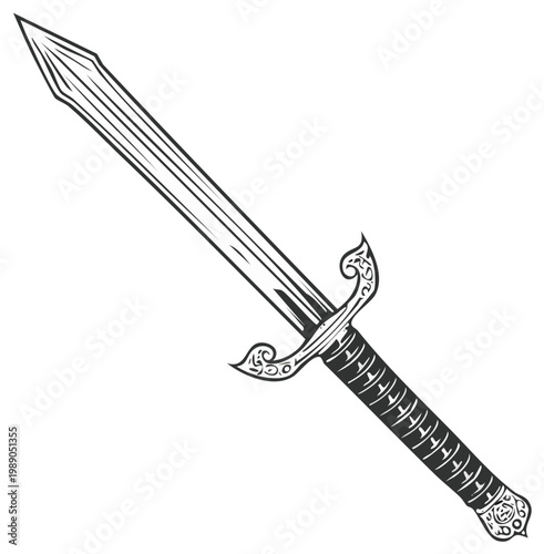 Vintage monochrome illustration of a medieval fantasy sword with an ornate hilt and blade