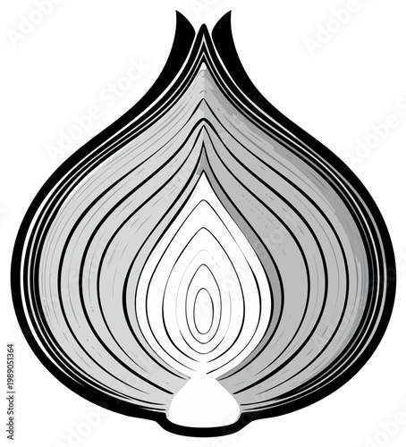 Stylized onion vegetable illustration showcasing internal layers and textured effect.
