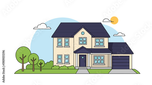 Classic two-story suburban family house with a garage, trees, and a sunny sky background in a clean flat vector illustration style.
