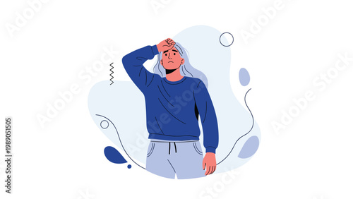 Stressed and worried young woman in a blue sweater holding her head while experiencing negative emotions or a difficult problem.