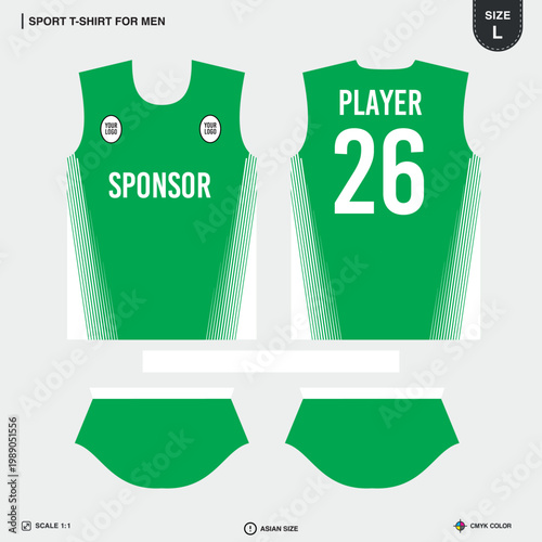 Mens Sports T-Shirt Sublimation Jersey Print Template Green White Dynamic Line Pattern Front Back View Size L