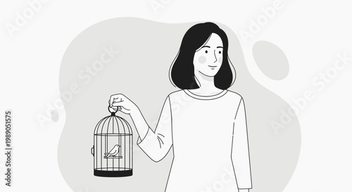 Woman holding a bird cage.