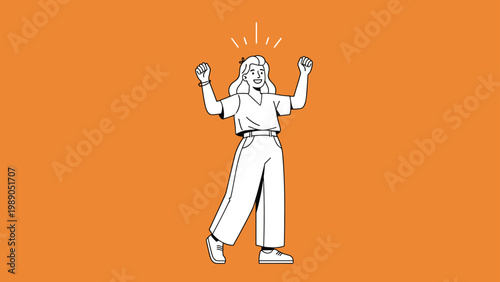 Cheerful young woman raising her fists in a celebratory gesture of success and victory against a bright orange solid background.
