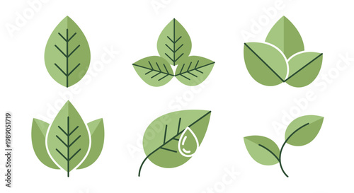 Collection of green leaf icons with water droplet symbols for nature and environment themes